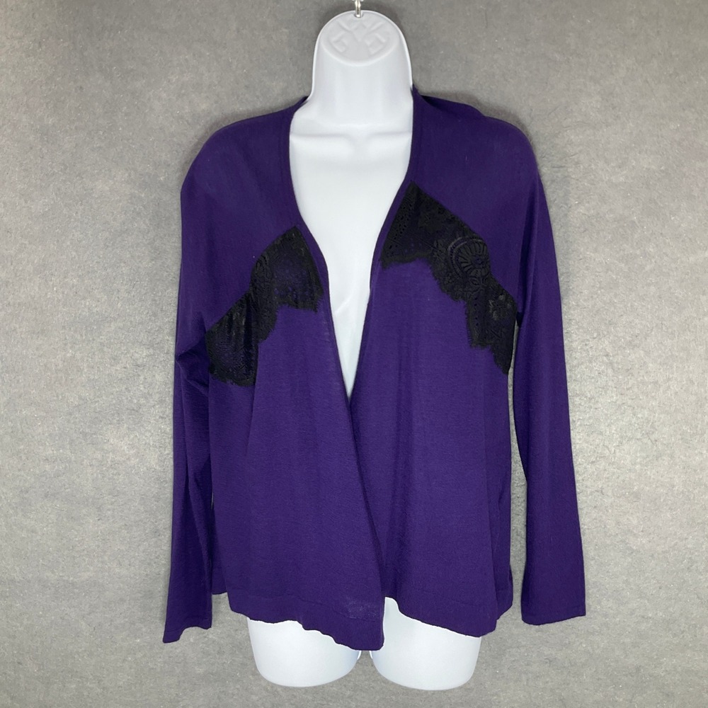 Chico's Purple Cardigan Lace Trim Open Front Sz M Whimsigoth Feminine Detail